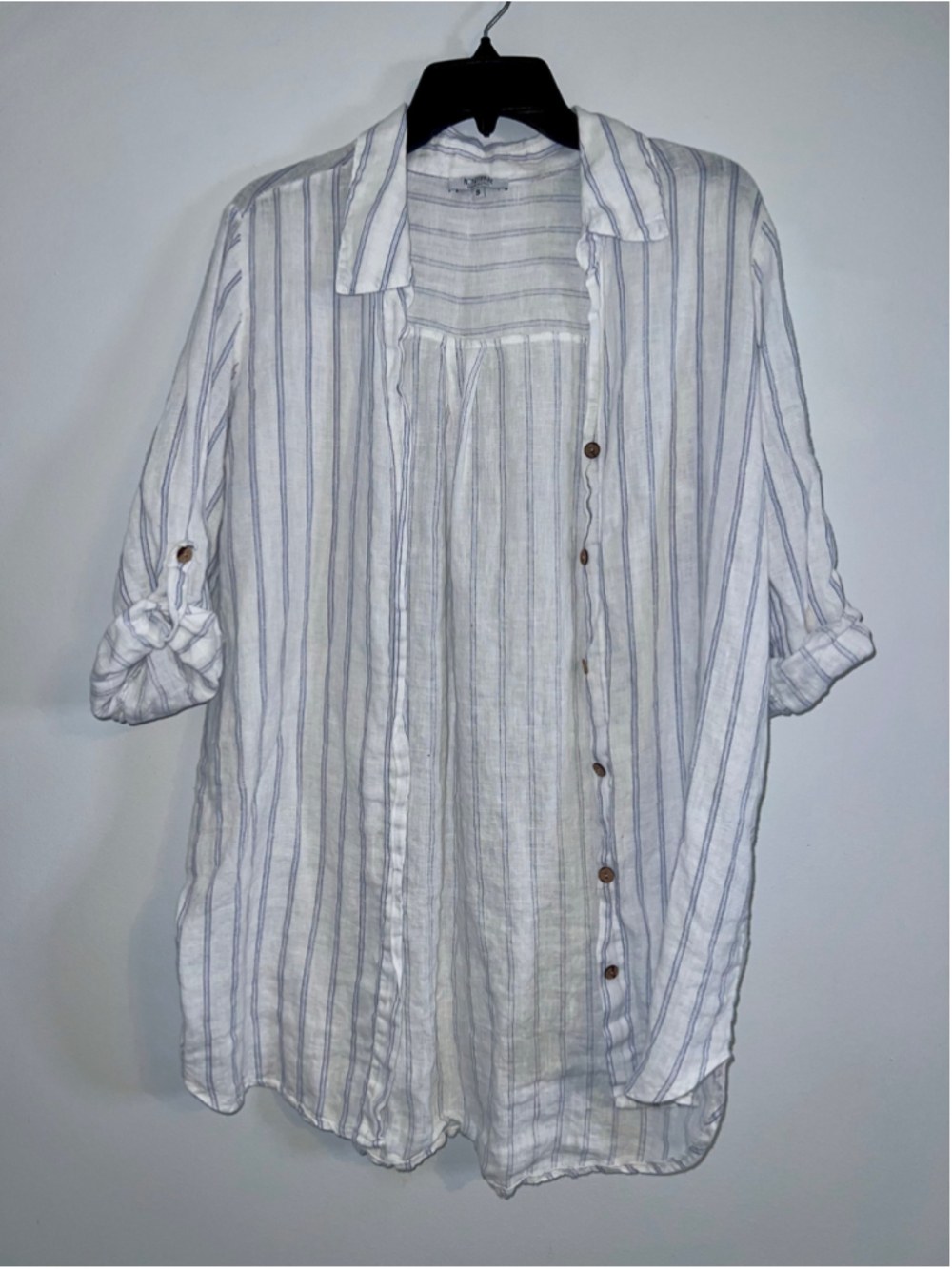 Rosemarine Linen Button Down Shirt Size S White Blue Striped